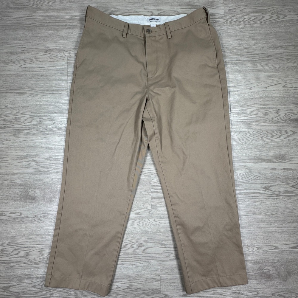 Lands' End Men's Chino Pants Traditional Fit Khaki Tan 36 No Iron Cotton‎